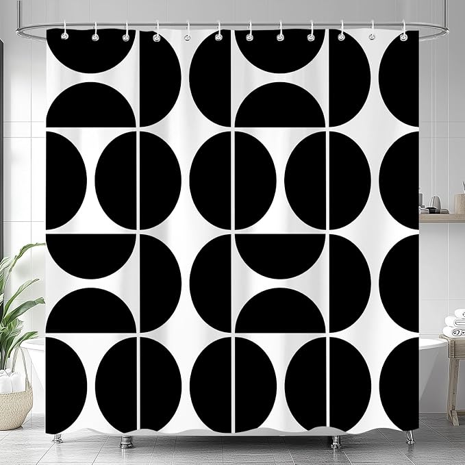 Black and White Mid Century Modern Shower Curtain, Boho Abstract Geometric Retro Art Bath Curtains For Bathroom, Colorful Unique Pattern Waterproof Polyester Fabric Bathroom Set 12 Hooks 72X84IN