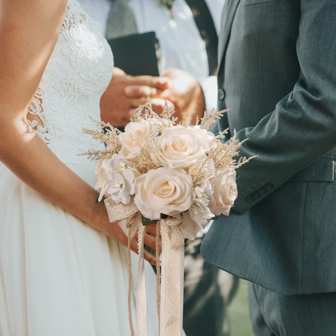 Artificial Plant, 1 Champagne White Rose Bridal Bouquet, 8.6 x 10.2 x 8.6 inches, Wedding Bouquets for Bride, Bridesmaid Bouquets with Silk Ribbon, Decoration
