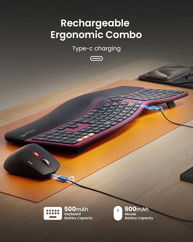 ProtoArc Ergonomic Wireless Keyboard Mouse, EKM01 Plus Full Size Ergo Bluetooth Keyboard Mouse Combo, Split Design, Wrist Rest, Multi-Device, Rechargeable, for Windows/Mac OS - Wine Red
