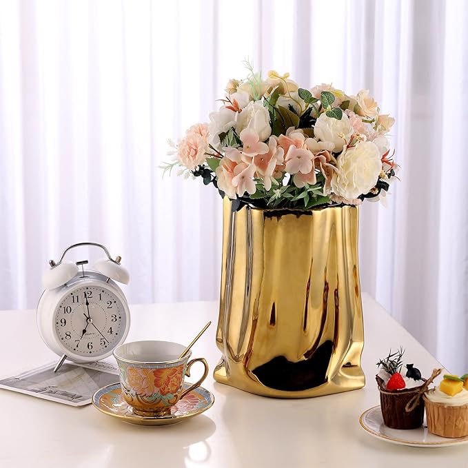 VanEnjoy Large Gold & Silver Ceramic Vases - Wide Mouth Home Decor, Chrome Handbag Vase