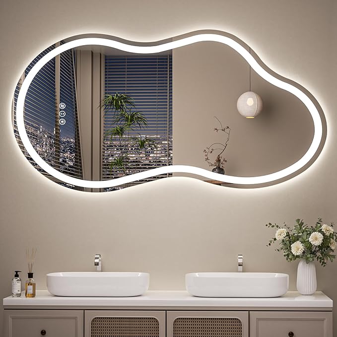 Cloud Shape Asymmetrical LED Vanity Mirror with Lights, 60"x32" Fogless Lighted Bathroom Mirror, 4mm Tempered Glass, Dimmable 3-Color & Memory Function, Wall Mounted (Horizontal/Vertical)
