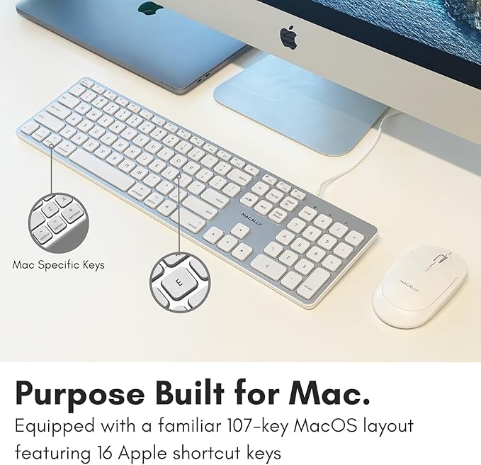 Macally Backlit Wired Keyboard for Mac | Compatible Apple Keyboard with Numeric Keypad | Comfortable All Day Typing, Compatible on MacBook Pro/Air, iMac, Mac mini/Pro - Silver