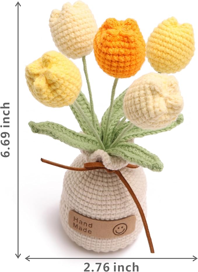 Handmade Tulips, Artificial Plant Crochet Flowers， Tulips Suitable for Home Room, Table, Office Ornaments and Birthday Gifts Suitable for Family and Friends Anniversary (5 Flowers-Yellow)