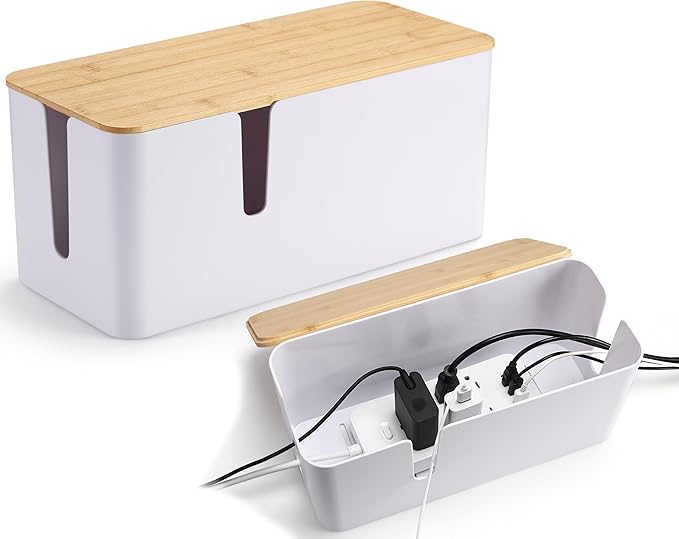 ZhiYo Bamboo Lid Cord Organizer Box, 2Pack Large Cable Management Box, Safe ABS Wire Organizer for TV and Computer, Wood Cover Cord Hider to Hide Wires, USB Hub & Under Desk Power Strip, White