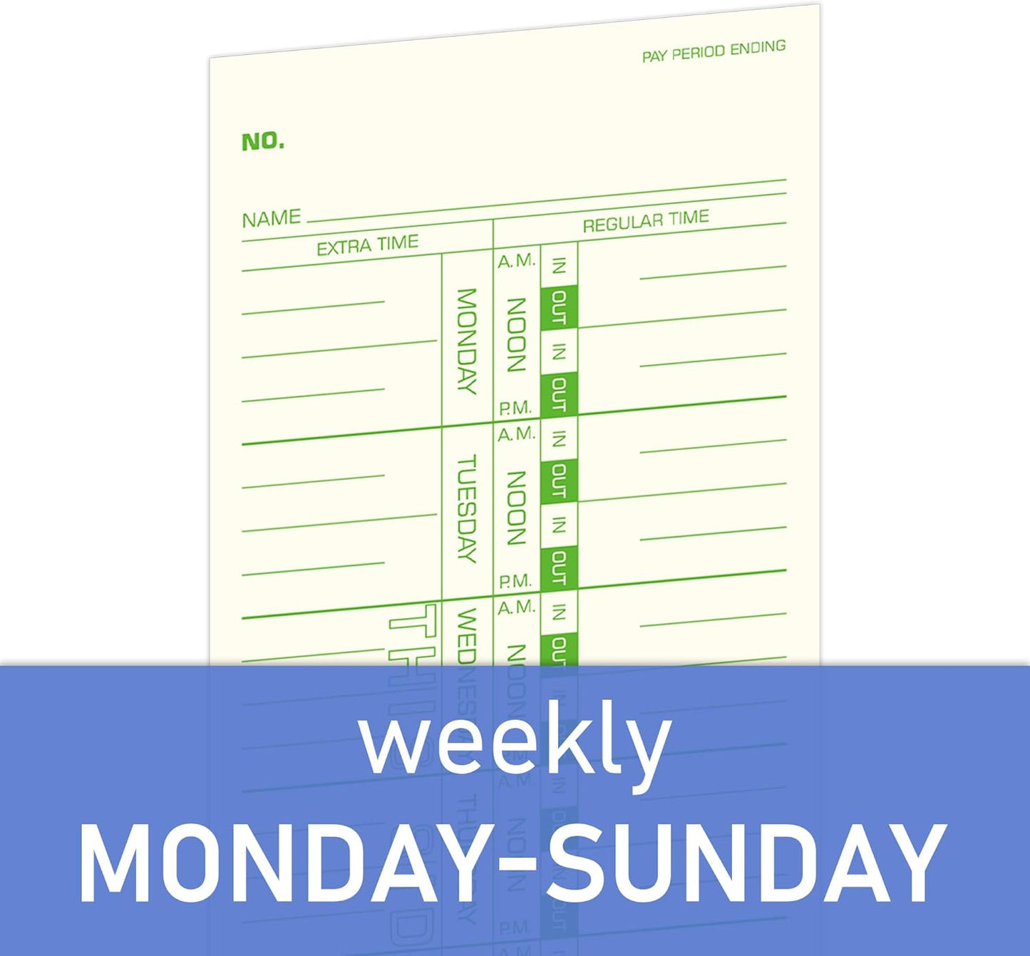 Weekly Time Cards - 1-Sided, 3.5" x 9", Named Days, 100-Count | Green Print for Time Clocks
