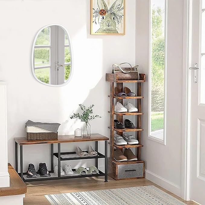 Asymmetrical Wood Frame Bathroom Mirrors for Wall Unique Irregular Oval White Mirror Modern Living Room Bedroom Vanity Entryway Hallway Decorative Artistic Hanging Wall Mirror 16"x12" White