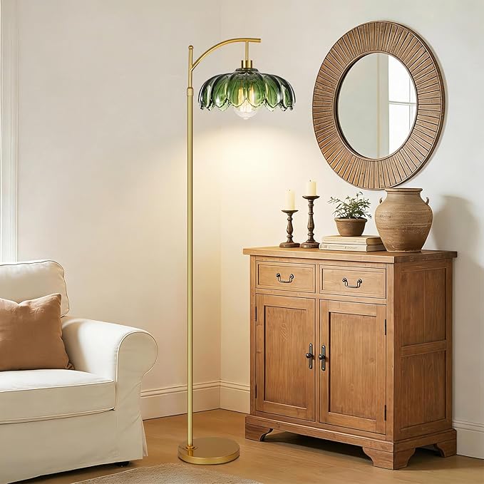 QIYIZM Glass Floor Lamp for Living Room,Bedroom,Gold Dimmable Standing Lamp with Remote,Mid Century Modern Brass Tall Lamp Boho Vintage Retro Floor Lamps Arc Green Flower Floor Light Lamp Bohemian