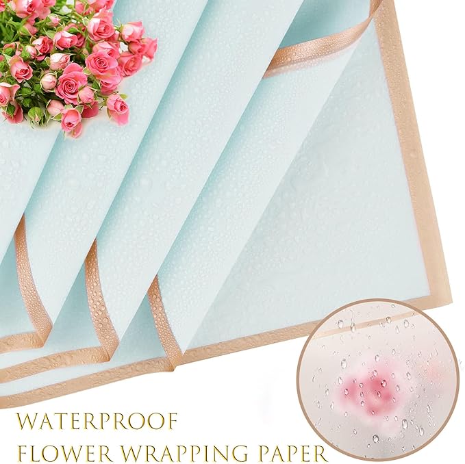 40 Sheets Sky Blue Flower Wrapping Paper, Gold Edge Waterproof Floral Wrapping Paper, 22.8x22.8 inch Bouquet Paper Wrap with 2 Rolls Ribbon for Wedding Birthday Gift DIY Crafts Florist Supplies