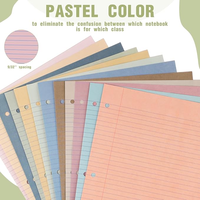PerKoop 600 Sheets Colored Loose Leaf Paper 8.5" x 11" college ruled Lined 3 Hole Punched notebook Filler Paper for 3 Ring Binders Office School Supplies (Muted Colors)