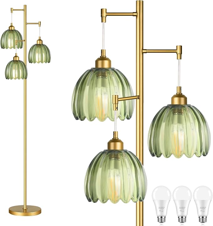 QIYIZM Gold Floor Lamp for Living Room,Bedroom,Mid Century Modern Standing Lamp Brass Tree 3 Light Tall Floor Lamps Vintage Retro Floor Lights Glass Green Flower Lamp Shade Farmhouse Boho Bohemian
