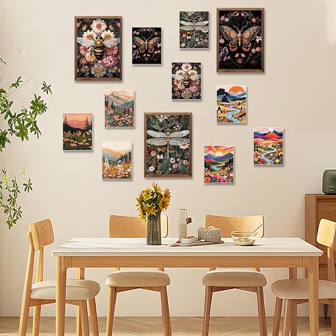 Retro Insect Bee Butterfly Dragonfly Wall Art Set Of 3 12x16In Wood Framed, with 9 Bonus Posters 8"x10", Nature plant Canvas Decoration Paintings Artwork for Office Bedroom Living Room Home Decor