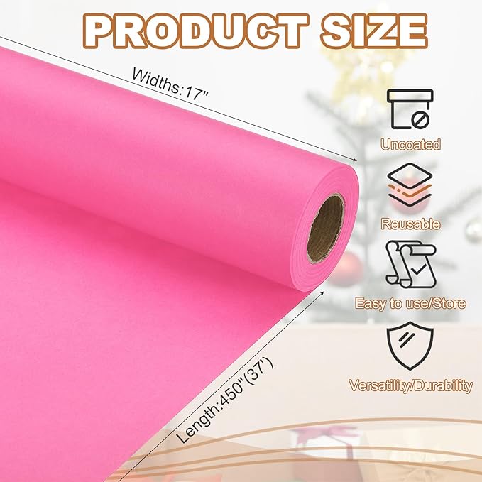 PATIKIL Wrapping Paper, 17" x 450"(37') 70 GSM Craft Paper Roll Kraft Packing Paper for Poster Bulletin Board, Gift Wrapping, Pink