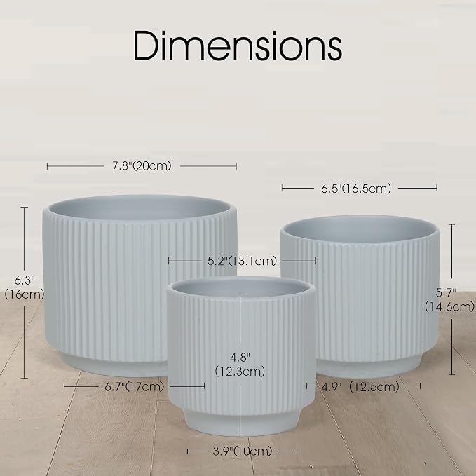 Oakrain Plant Pots with Vertical Stripes 7.8/6.5/5.2 inch, Set of 3 Modern Decorative Planters for Indoor Outdoor Plants, Flower Pot with Drainage Holes, Ceramic Blue