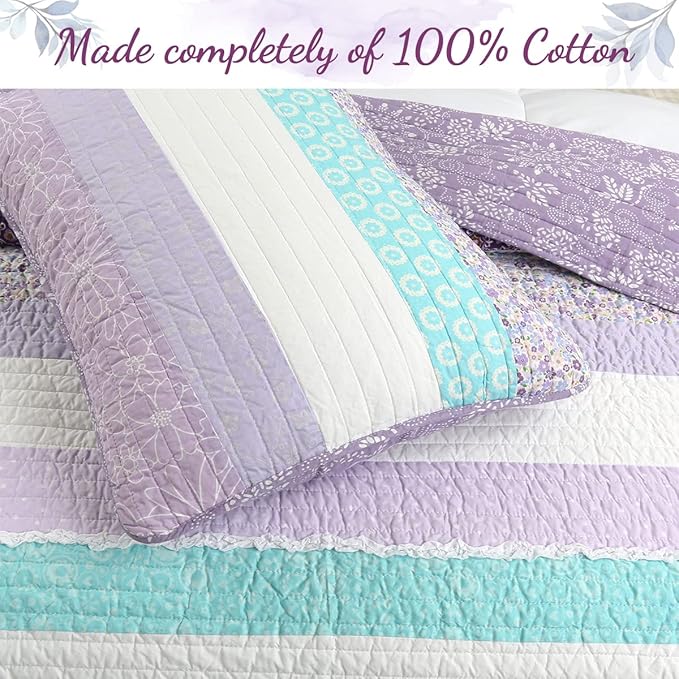 Cozy Line Home Fashions Purple Baby Blue Floral Striped Ruffle Girl 100% Cotton Reversible Quilt Bedding Set, All-Season Coverlet Bedspread (Lilac Flower, Twin-2 Piece)
