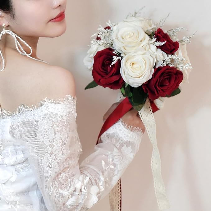 8.6in Wedding Bouquets for Bride Bridesmaid,White Champagne Red Burgundy Rose Artificial Fake Silk Flowers Bridal Bouquets for Wedding With Ribbon Handle Boho Rustic Church Decoration Toss Bouquet