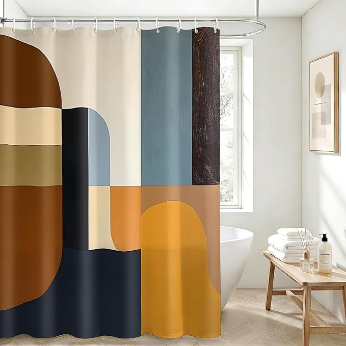 Brown Mid Century Shower Curtain, Abstract Geometric Modern Pattern, Navy Blue and Yellow Boho Bathroom Decor, Retro Art Waterproof Fabric Bath with Hooks, 84x70 Inch