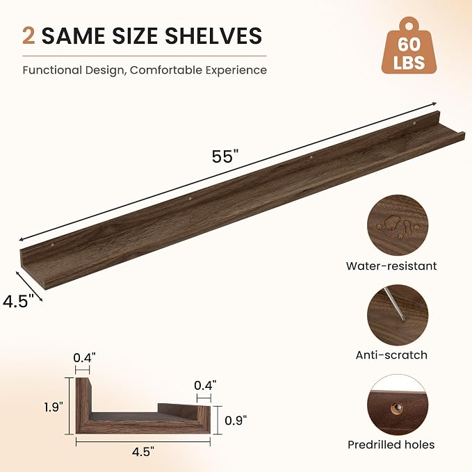 Dreamland Picture Ledge Shelf for Wall, Floating Shelves Set of 2,55 inch Long Floating Shelves with Lip for Living Room,Bedroom,Bathroom,Kitchen,Walnut