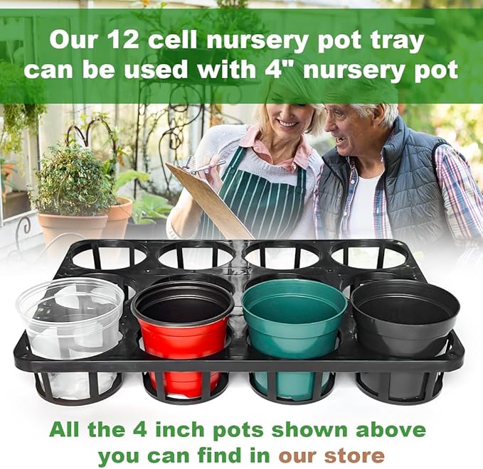 12 Cell Nursery Planter Pots Trays, Plant Pot Shuttle Carry Holder and Trays for 4 inch Round Plastic Nursery Pots Flowerpot Carrier Transporting (16.75" 12.43", 2.1" Deep, 10-Pack)