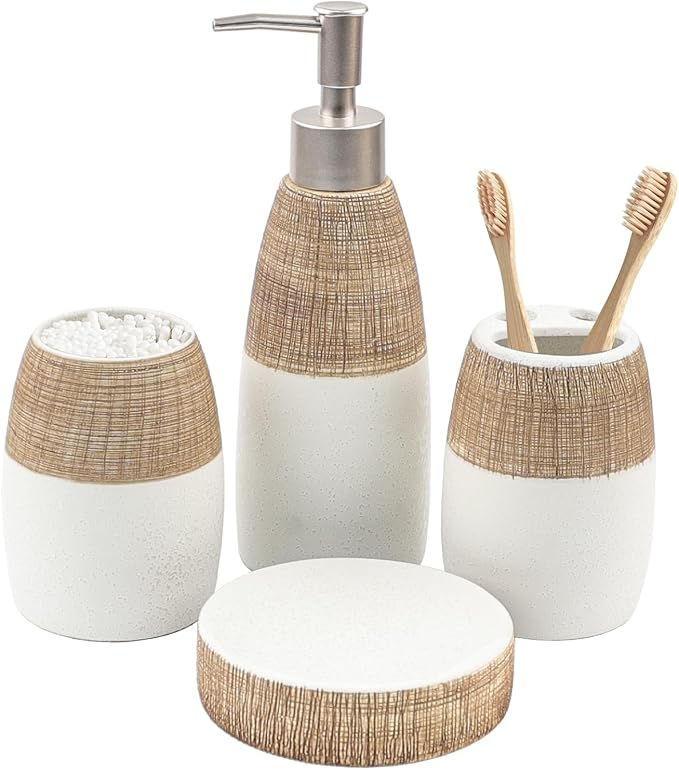CERBIOR Bathroom Accessories Set,4 Pcs Ceramic Bathroom Decor Accessory,Includes Toothbrush Holder, Toothbrush Cup, Soap Dish for Decorative Countertop and Housewarming Gift, (Brown White)