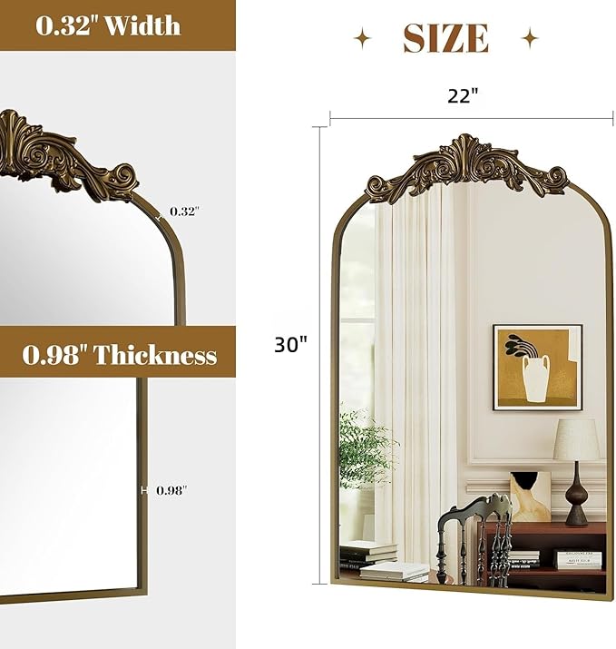 Dewfig Antique Arched Wall Mirror, 22"x30" Vintage Bronze Bathroom Mirror - Baroque Metal Frame Brass Mirror for Living Room, Bathroom, Fireplace, Entryway, Bronze