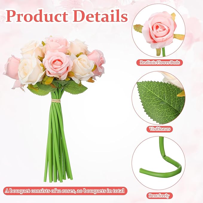 Jexine 240 Pcs Artificial Rose Flowers Bouquet Silk Realistic Flowers Bulk Centerpieces DIY Bride Fake Rose for Home Bridal Wedding Party Decorations(Pink and White)