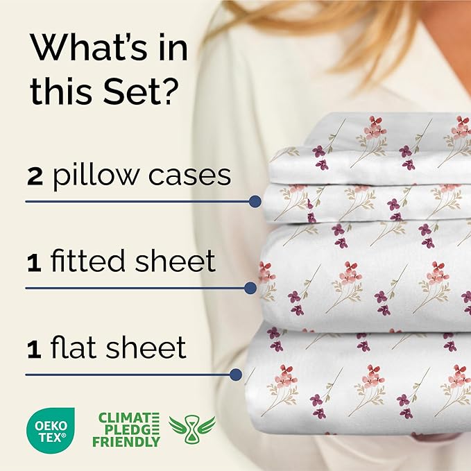 Floral Sheets - Pink & Purple Floral Bed Sheet Set - 1 Flat, 1 Fitted & 2 Pillowcases w/ Deep Pockets - Wrinkle & Fade Free - Boho Botanical Bedding - Ultra-Soft, Breathable & Cooling - Queen Size Set