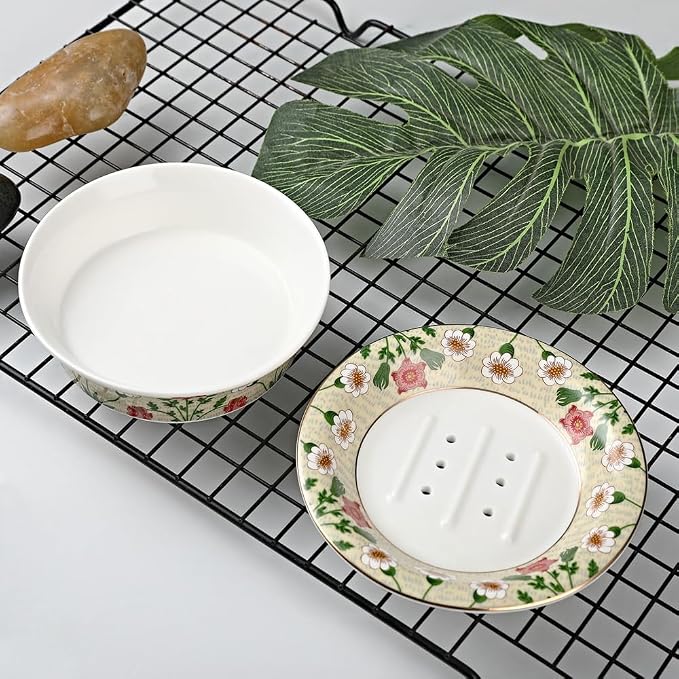 Floral Decorative Self Draining Soap Dish, Double-Layer Round Soap Tray, Vintage Ceramic Soap Dish (Style B)