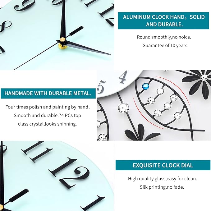 Large Wall Clock for Living Room Decor, Giant Big Silent Modern Battery Operated Glass Pendulum Wall Clock for Kitchen, Bedroom, Oversized Non Ticking Crystal Wall Clock,22 Inch