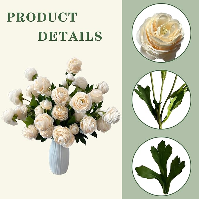 12Pcs Artificial Ranunculus Flowers – 36 Head 16.5" Silk Ranunculus Flowers Bouquets for Home Decor, Wedding Bridal Shower Centerpieces, and DIY Floral Arrangements (Champagne)