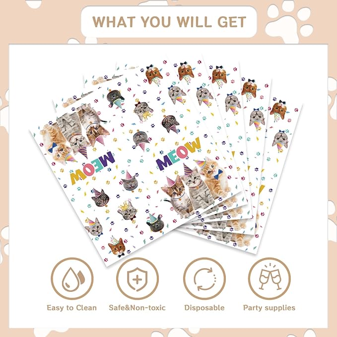 48Pcs Cute Cat Birthday Party Decorations Tableware Inculde Plates Napkins Forks for Birthday Pet Party and more party Serve 16 Guests
