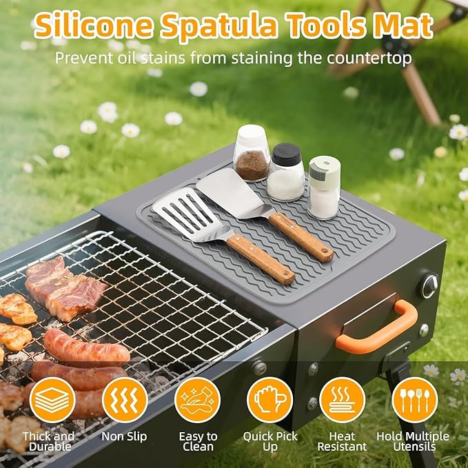 Geban Grill Accessories, 14x11 Inch Silicone Heat Resistant Mat, BBQ Tool Rest Pad for Blackstone Griddle Side Shelf, Weber, Traeger, Outdoor Kitchen Countertop Protector (Grey)