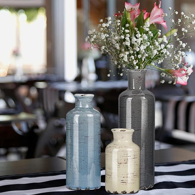 Ceramic Vase Set of 3, Small Flower vase for Home Decoration, Rustic Farmhouse Table Shelf, Entrance Decor, ice Crackle Vintage vase for Living Room & Dining Table Centerpieces Multicolor