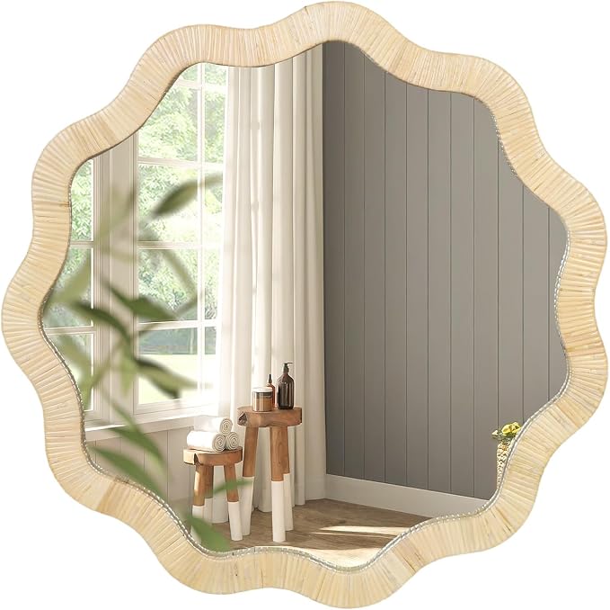 ULIKE Rattan Wicker Mirror for Bathroom, 30 Inch Boho Woven Decorative for Wall, Rustic Farmhouse Vanity Mirror, Geometric Scalloped Rattan Mirrors for Living Room Entryway Bathroom Bedroom