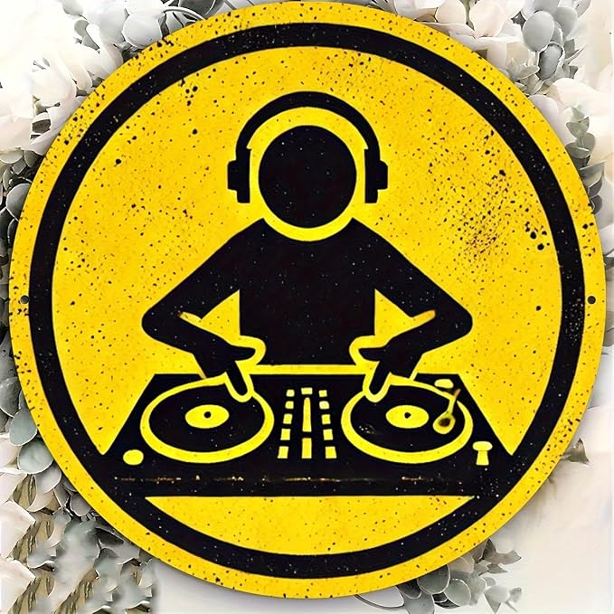 Vintage DJ Themed Iron Sign, 7.98x7.98 inches, Circular Wall Art, Multipurpose Home/Room/Restaurant/Bar/Café/Garage Decor, Wall Hanging, No Electricity Needed