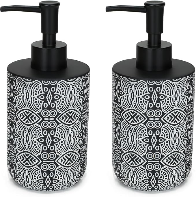 2pcs Hand Soap Dispenser Set, Boho Carving Resin Liquid Soap Dispensers for Bathroom Countertop, Heavy & Sturdy Dish Wash Soap Dispenser for Kitchen, Black
