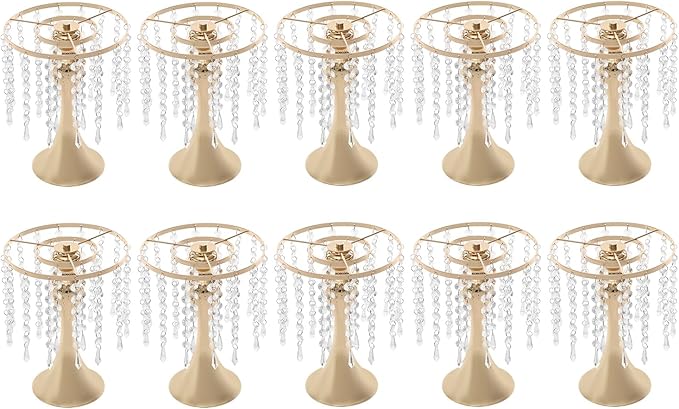 10 Pcs Glam Crystal Flower Stands, Wedding Reception Decorations with Sparkling Crystal Beads Table Center Display Flower Arrangement Flower Stand Metal Vase for Event Decor (Gold, Height:10.23in)