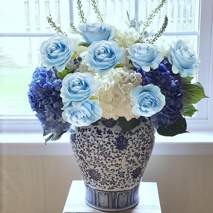 50pcs Artificial Roses Flowers in Bulk,Realistic Silk Fake Rose with Long Stem for Wedding Centerpieces Bouquet Party Floral Arrangement Home Decoration (Blue)