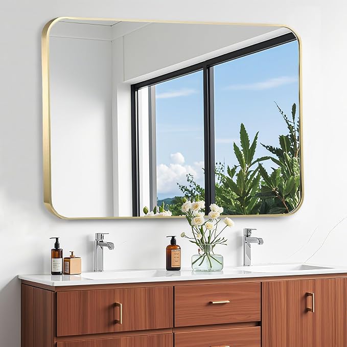 40x30 Inch Gold Bathroom Mirror, Brushed Gold Metal Framed Rectangular Mirror with Rounded Corner, Bathroom Vanity Mirror for Bedroom or Living Room, Horizontal/Vertical