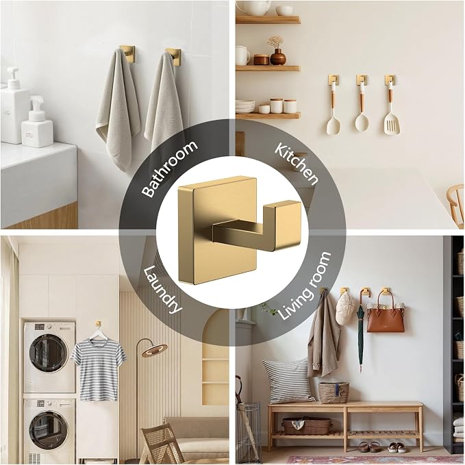 Kruodop 4 PCS Towel Hooks for Bathroom, Wall Mount Towel Holder, Black Matte Wall Robe Hook,Square Stainless Steel Door Hanger Towel Hook for Kitchen, Bedroom,Hotel,Pool,Coats（Gold）