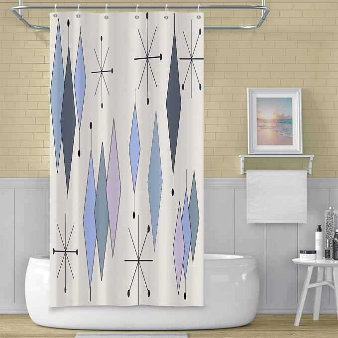 Mid Century Turquoise Shower Curtain Abstract Grey Blue Diamond Geometric Atomic Starburst Pattern Beige Backdrop for 1950s Retro Bathroom Decor Shower Curtain Set with 12 Hooks, 36x72 Inches