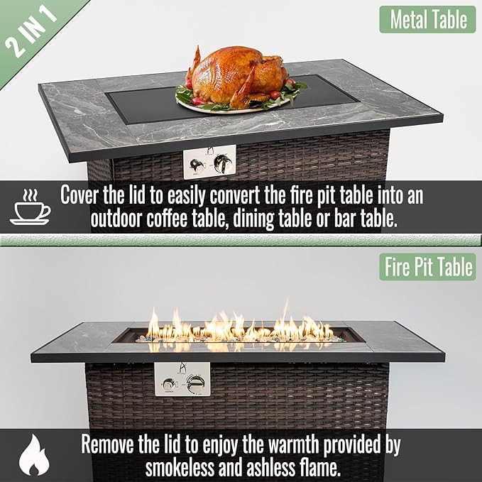 44" Propane Gas Fire Pit Table, 50000 BTU Rectangular W/Glass Wind Guard Fire Pit, Tile Tabletop with Beautiful Wicker Base for Outside Patio Deck Garden Courtyard