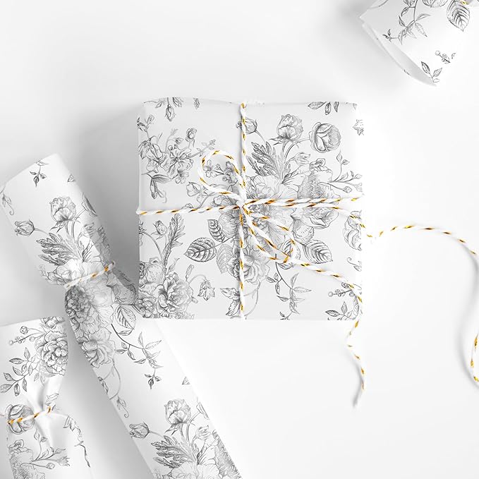 JarThenaAMCS Silver Foil Floral Wrapping Paper - Mini Roll - 17 Inch x 32.8 Ft Vintage Flower Gift Wrap Paper Decorative Art Paper for Spring DIY Crafts Supplies