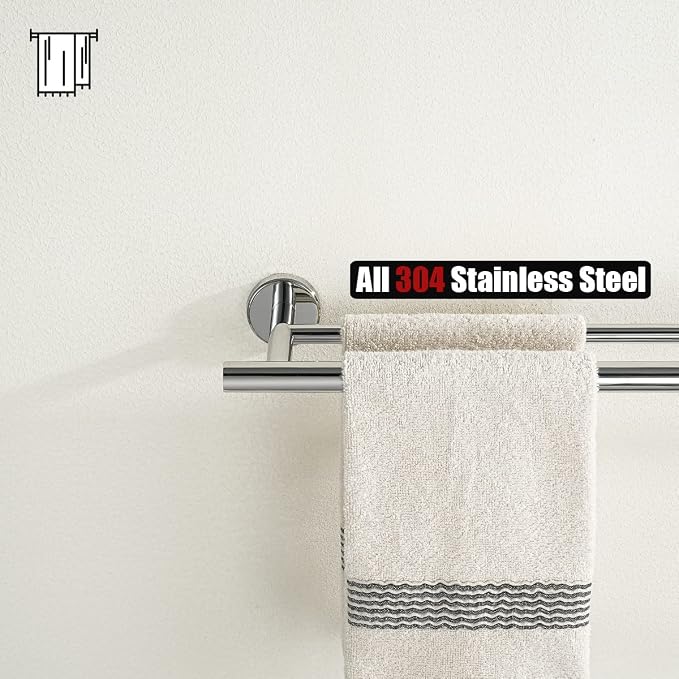 JQK Double Towel Bar Chrome, 15 Inch 304 Stainless Steel Thicken 0.8mm Towel Rack Holder for Bathroom Washcloths and Hand Towels, Polished Steel Wall Mount, Useable Length 12 Inch, TB100L12-CH