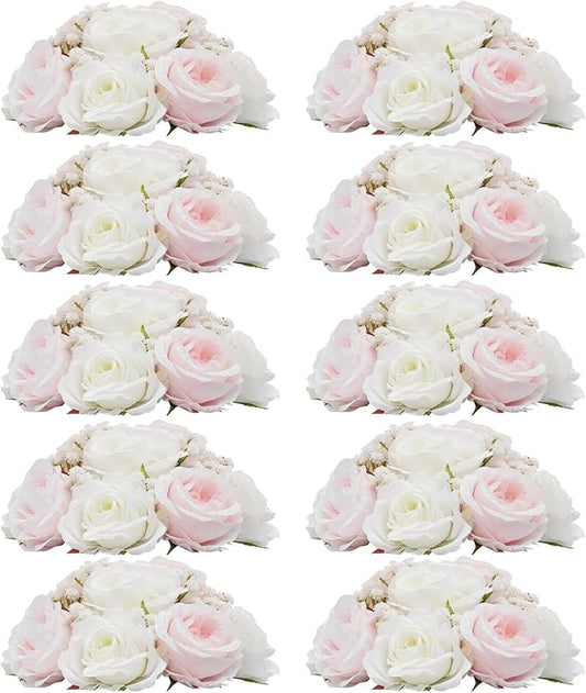 10Pcs Artificial Flower Balls for Wedding Centerpieces, 9.44Inch Rose& Peony Semicircle Flower Ball, Arrangement Bouquet Fake Flowers Ball for Home Party Tables Decoration