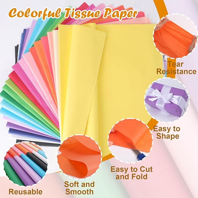200 Sheets Tissue Paper, 20 Colors 14" X 20" Tissue Papers for Gift Bags Birthday Party Flower Decoration, Colored Tissue Paper Bulk for Packaging