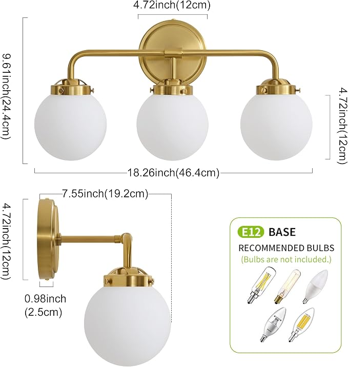 Bathroom Light Fixtures, 18.26'' Gold Vanity Light, Modern Brass 3 Lights Wall Sconce with Milky Glass Globe Shade, Small Bathroom Lighting Fixtures Over Mirror for Bathroom Living Room