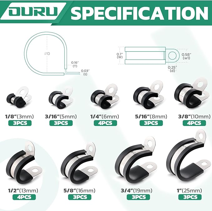 OURU 30PCS Stainless Steel Cable Clamps 9 Sizes—1/8" 3/16" 1/4" 5/16" 3/8" 1/2" 5/8" 3/4" 1" Rubber Coated Cushioned Insulated Cable Clamp,Automotive Cable Wire Clamps,Pipe Clamps(Black)