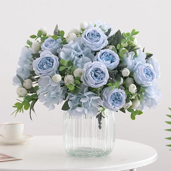 4 Bunches Peonies Artificial Flowers, Silk Peonies Flowers Fake Bouquet Faux Floral Arrangements for Centerpiece Table Wedding Party Home Decor (4, Blue White)