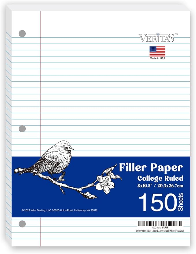 WritePads Loose Leaf Notebook Paper, 8"x10-1/2" College Ruled Lined Paper, 3 Hole Punched For 3 Ring Binder, 150 Sheets/Pack, 24PK Per Carton, 3600 Sheets, Made In USA