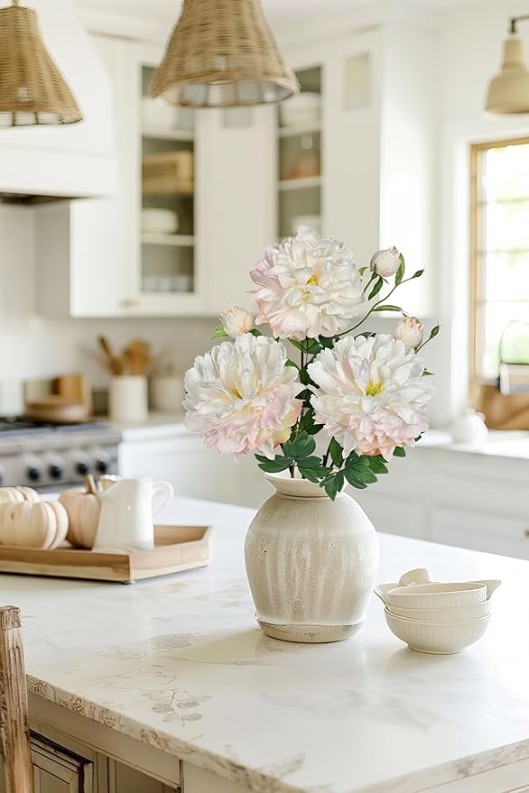 3Pcs White Peonies Artificial Flowers 27.5" Fake Flower Silk Flowers with Long Stem Floral Arrangements Bouquets Faux Peony Flowers for DIY Wedding Party Centerpieces Decor Home Office Decoration
